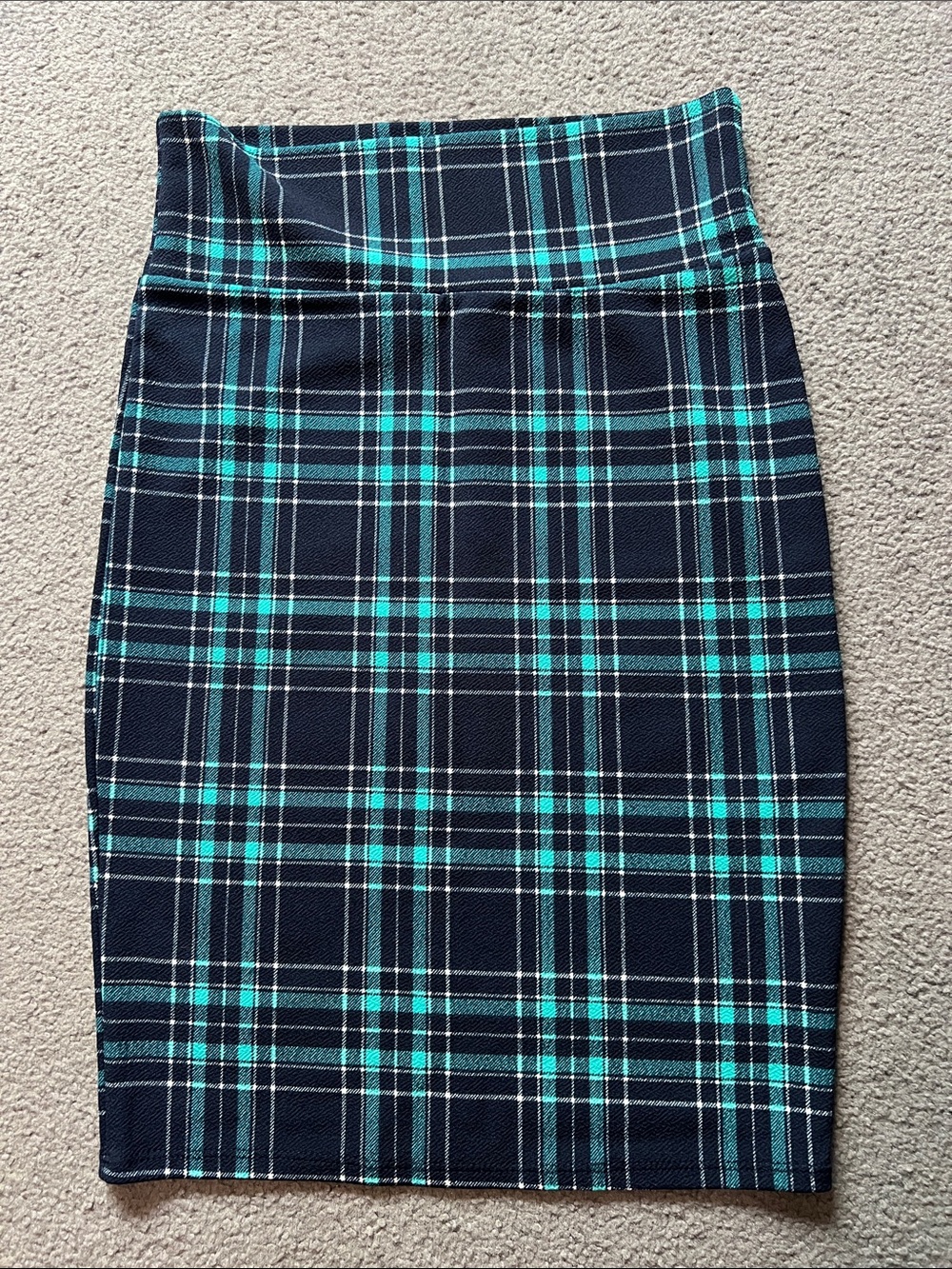 LuLaRoe Navy and Teal Plaid Pencil Skirt